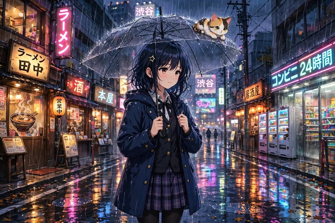 AI anime illustration generation: rainy Tokyo night — wallpaper and book cover example