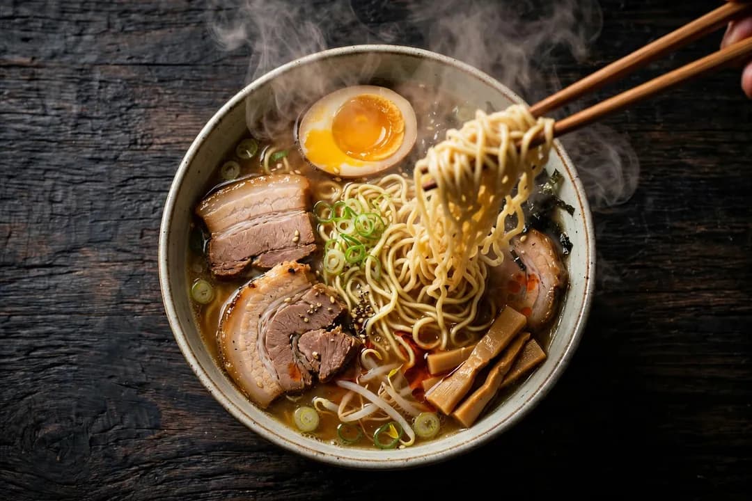 AI food photography generation: ramen close-up for restaurant menus and delivery listings