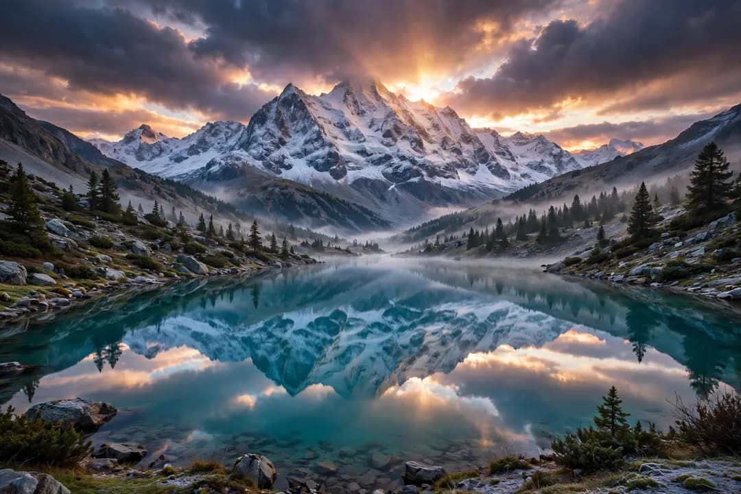 AI landscape generation: alpine lake at sunrise for wallpapers and travel posters